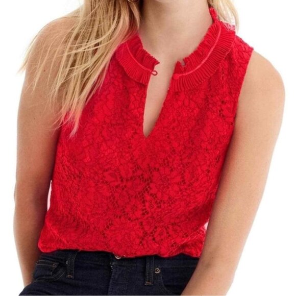 J.Crew Red Lace Ruffle Neck Sleeveless Top Christmas Holiday Preppy Sz S - Picture 1 of 7